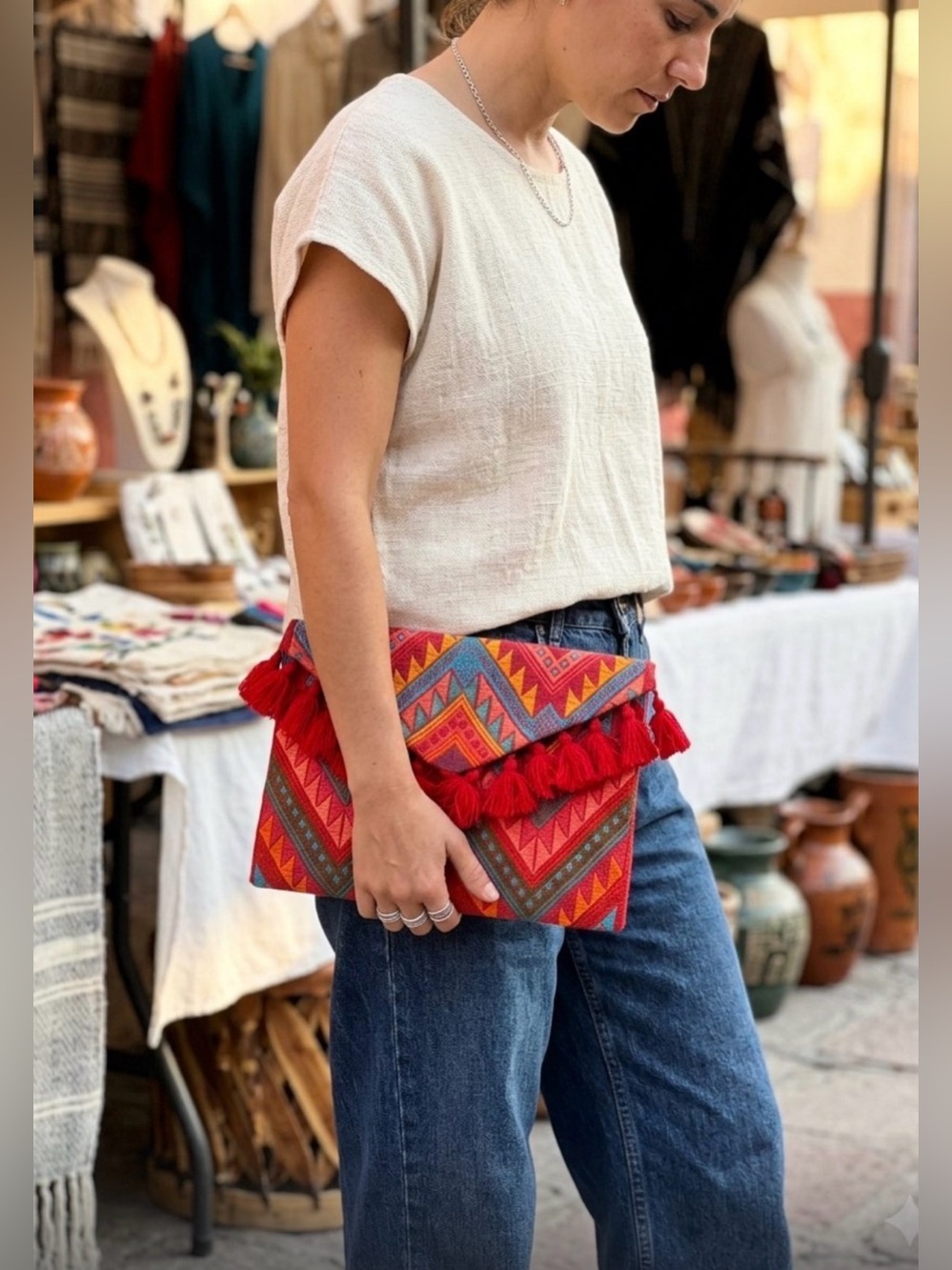 Authentic Mexican Embroidered Clutch Bag Handwoven Boho Chic Pouch New with Tass